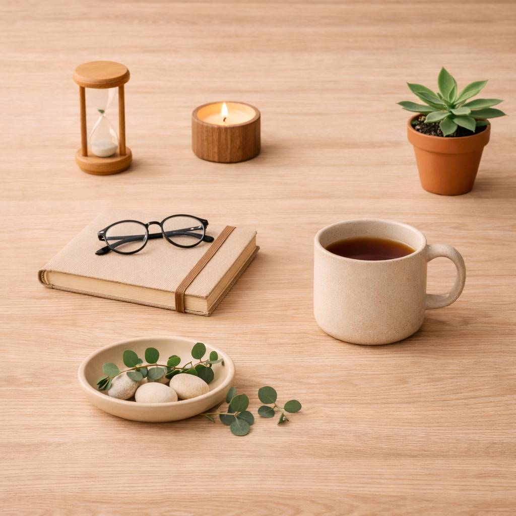 une tasse de café, un carnet, des lunettes, un pot de fleurss, une bougie, un sablier sur une table