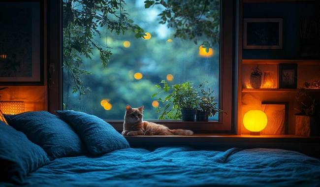 ambiance tamisée chambre à coucher, chat sur le lit