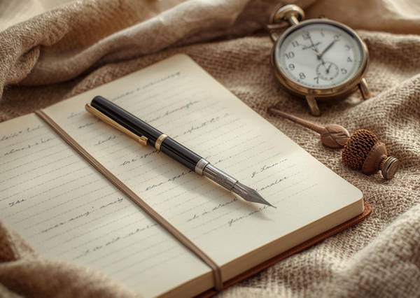 Illustration avec un carnet, un crayon, un réveil